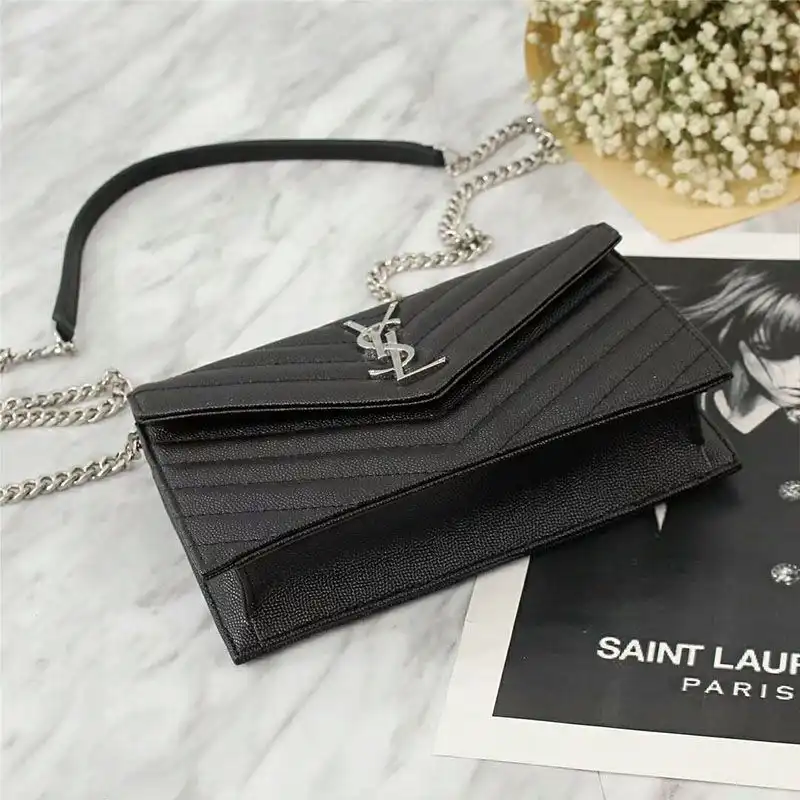 Cheap Saint Laurent Large Envelope Chain Wallet In Textured Matelasse Leather Black Silver