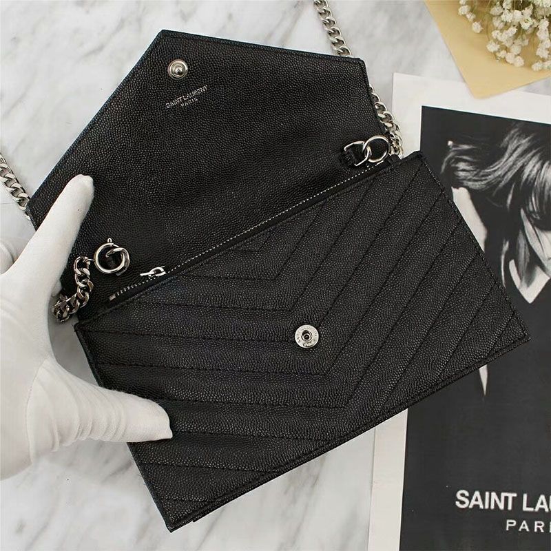 Saint Laurent Large Envelope Chain Wallet In Textured Matelasse Leather Black Silver