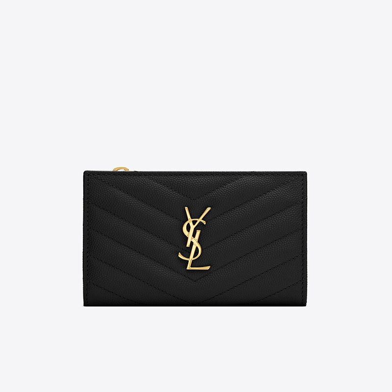 Saint Laurent Fragments Zipped Bifold Wallet In Grained Matelasse Leather Black Gold