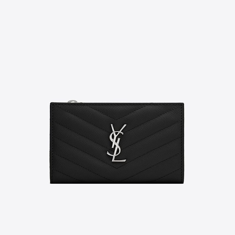 Saint Laurent Fragments Zipped Bifold Wallet In Grained Matelasse Leather Black Silver