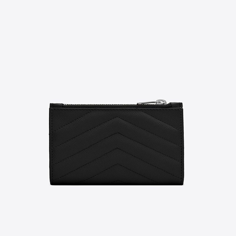 Saint Laurent Fragments Zipped Bifold Wallet In Grained Matelasse Leather Black Silver