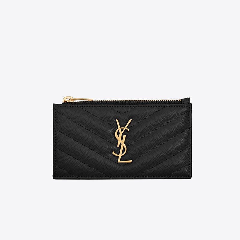 Saint Laurent Fragments Zipped Card Case In Grained Matelasse Leather Black Gold