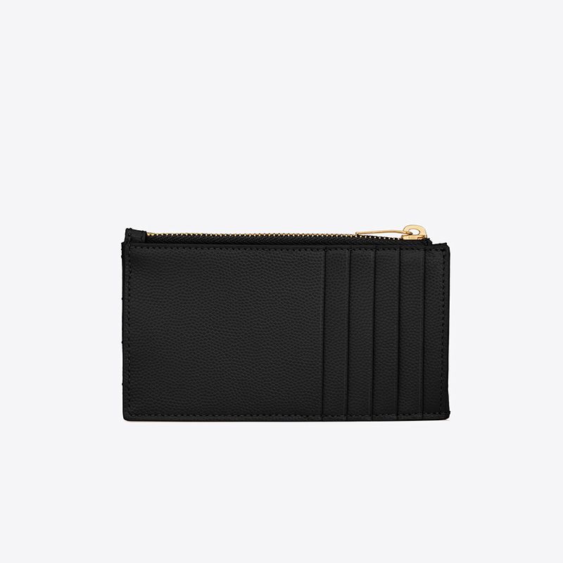 Saint Laurent Fragments Zipped Card Case In Grained Matelasse Leather Black Gold