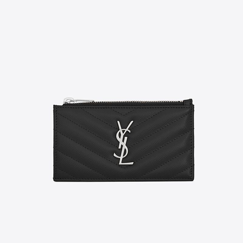 Saint Laurent Fragments Zipped Card Case In Grained Matelasse Leather Black Silver