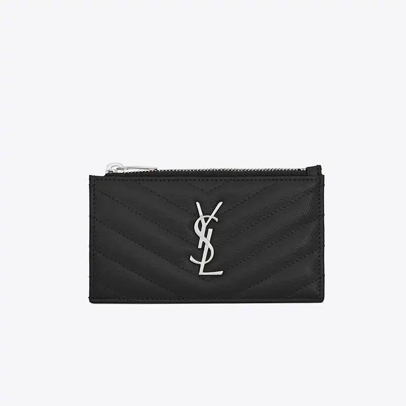 Saint Laurent Fragments Zipped Card Case In Grained Matelasse Leather Black Silver