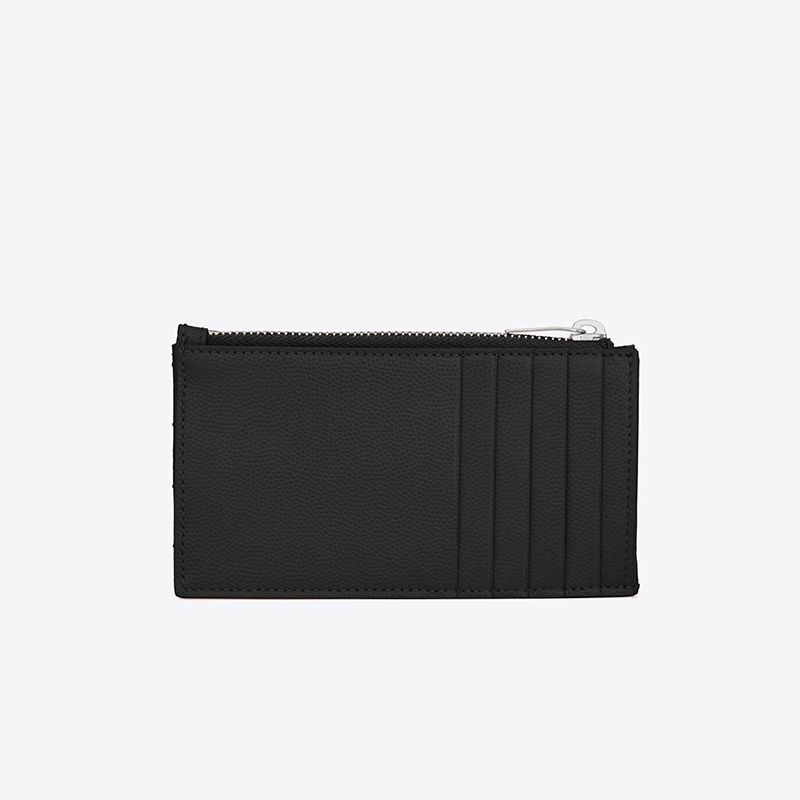 Saint Laurent Fragments Zipped Card Case In Grained Matelasse Leather Black Silver