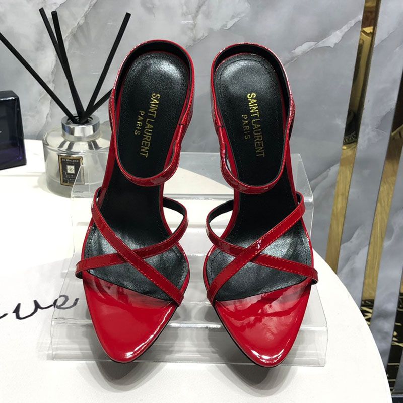 Saint Laurent Gippy Strappy Sandals with Elasticized Strap Women Patent Leather Red