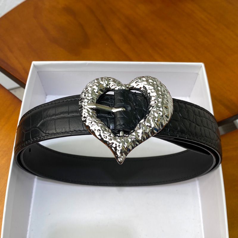 Saint Laurent Heart Belt In Crocodile Embossed Leather Black Silver