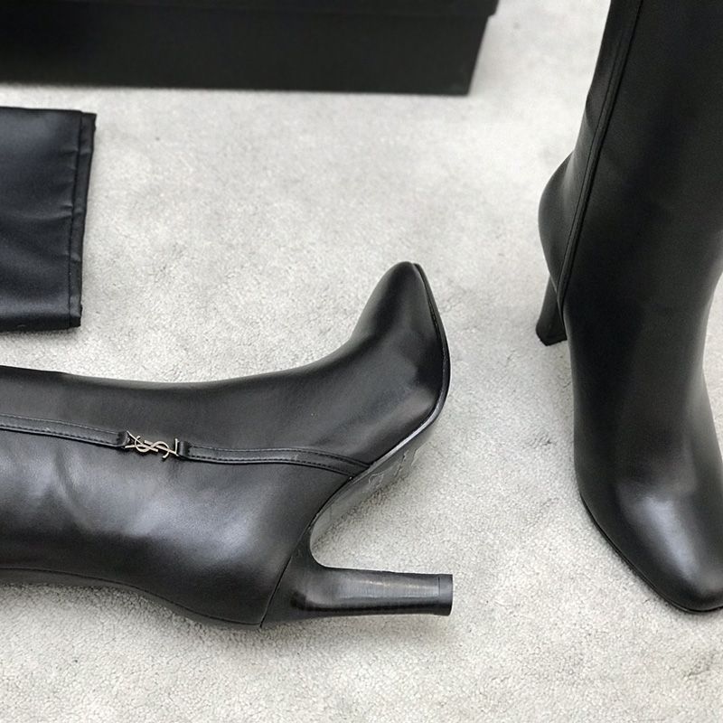 Saint Laurent Jane Knee Boots with YSL Signature Women Smooth Leather Black