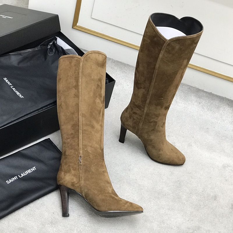 Saint Laurent Jane Knee Boots with YSL Signature Women Suede Brown