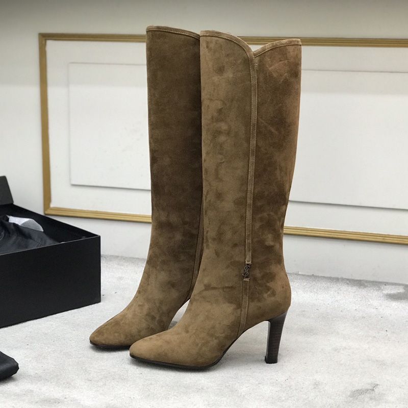 Saint Laurent Jane Knee Boots with YSL Signature Women Suede Brown