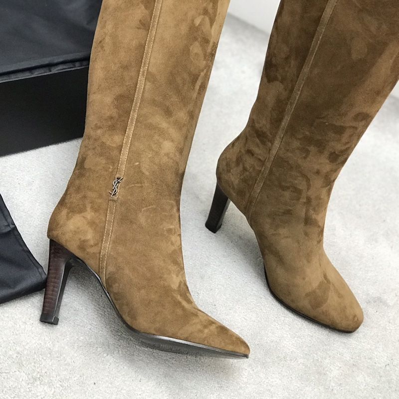 Saint Laurent Jane Knee Boots with YSL Signature Women Suede Brown