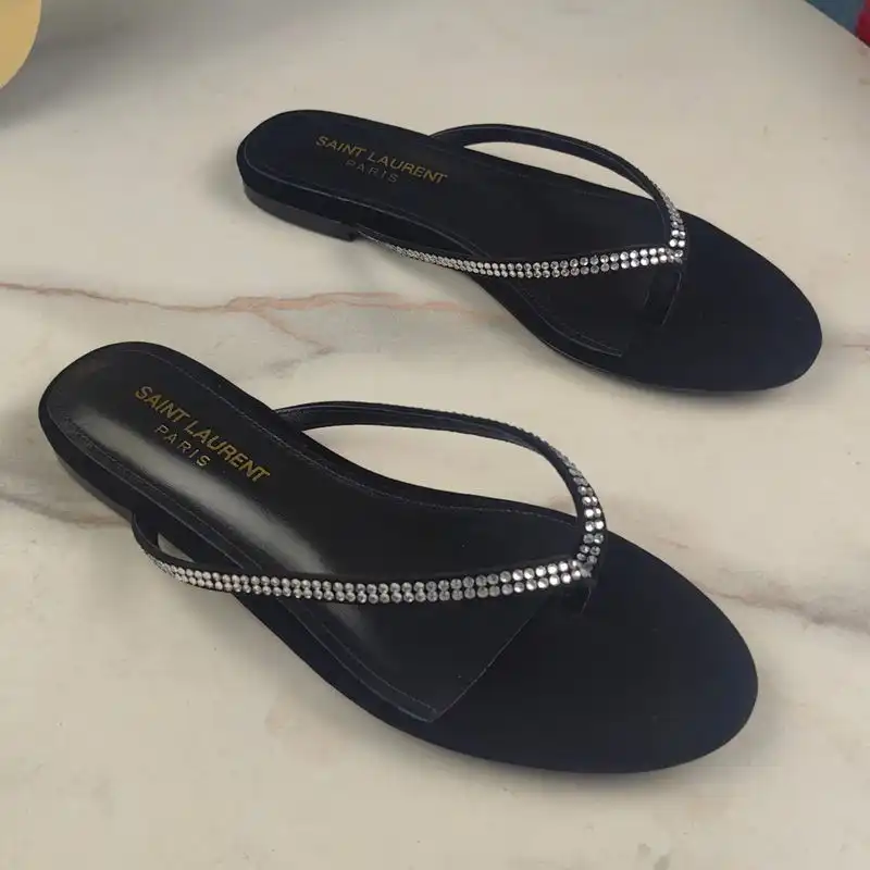 Saint Laurent Joni Flat Flip-Flop Slides Women Suede and Rhinestones Black White