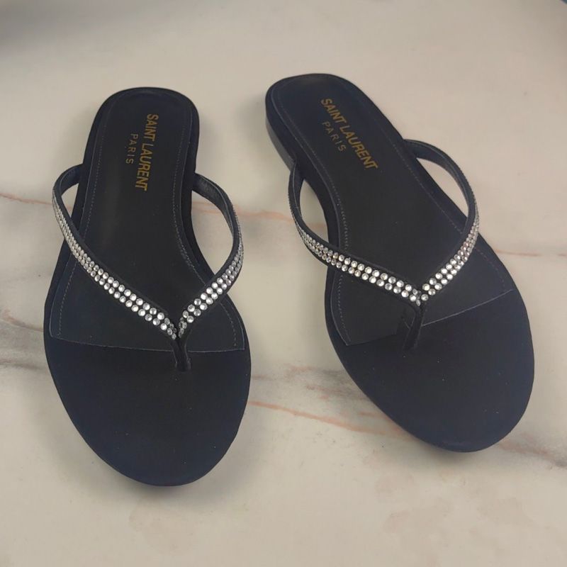 Saint Laurent Joni Flat Flip-Flop Slides Women Suede and Rhinestones Black White