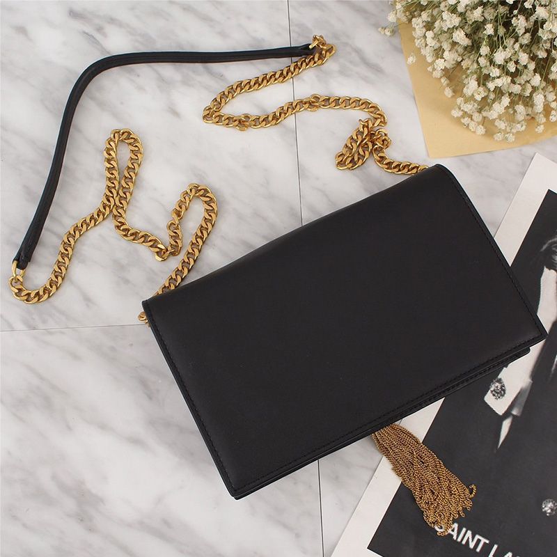 Saint Laurent Large Kate Chain Wallet with Tassel In Leather Black Gold