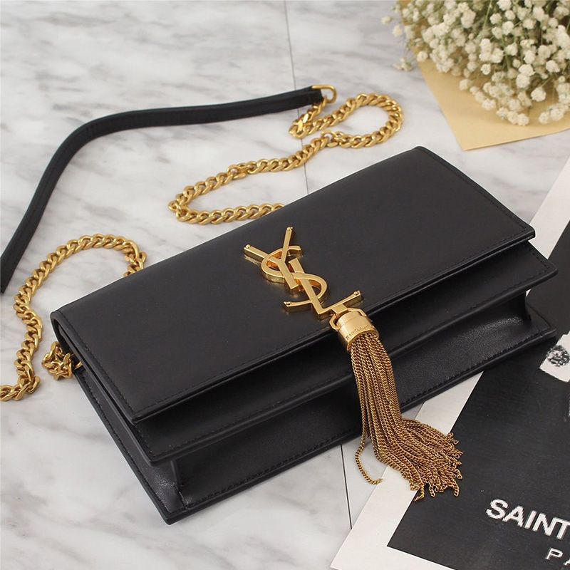 Saint Laurent Large Kate Chain Wallet with Tassel In Leather Black Gold