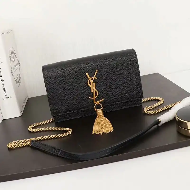 Saint Laurent Large Kate Chain Wallet with Tassel In Textured Leather Black Gold