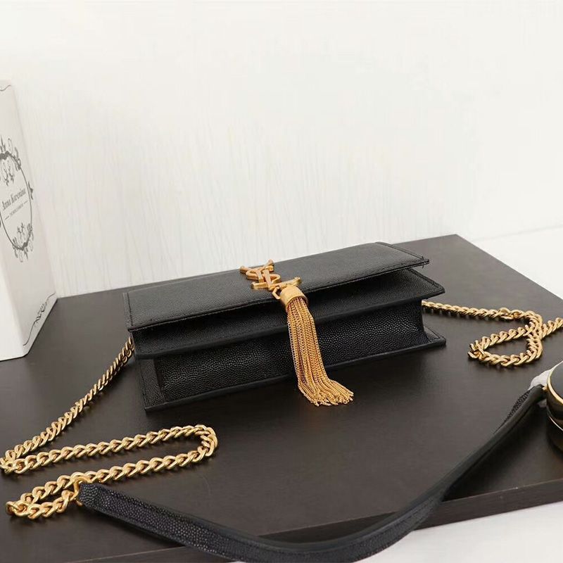 Saint Laurent Large Kate Chain Wallet with Tassel In Textured Leather Black Gold