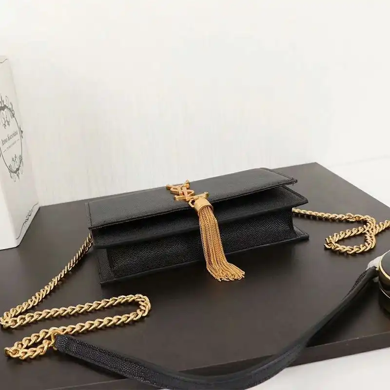 Cheap Saint Laurent Large Kate Chain Wallet with Tassel In Textured Leather Black Gold