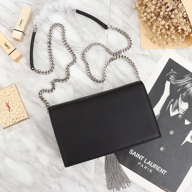 Saint Laurent Large Kate Chain Wallet with Tassel In Leather Black Silver