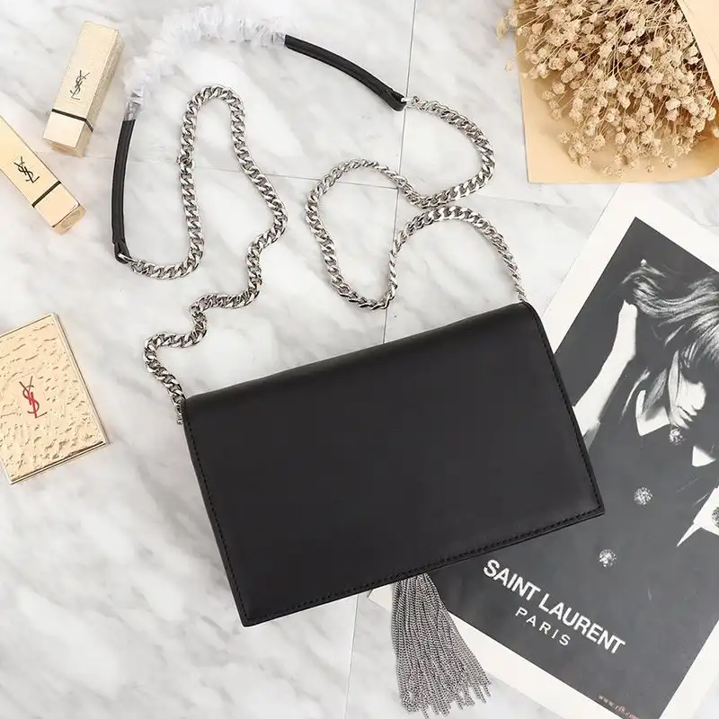 Cheap Saint Laurent Large Kate Chain Wallet with Tassel In Leather Black Silver