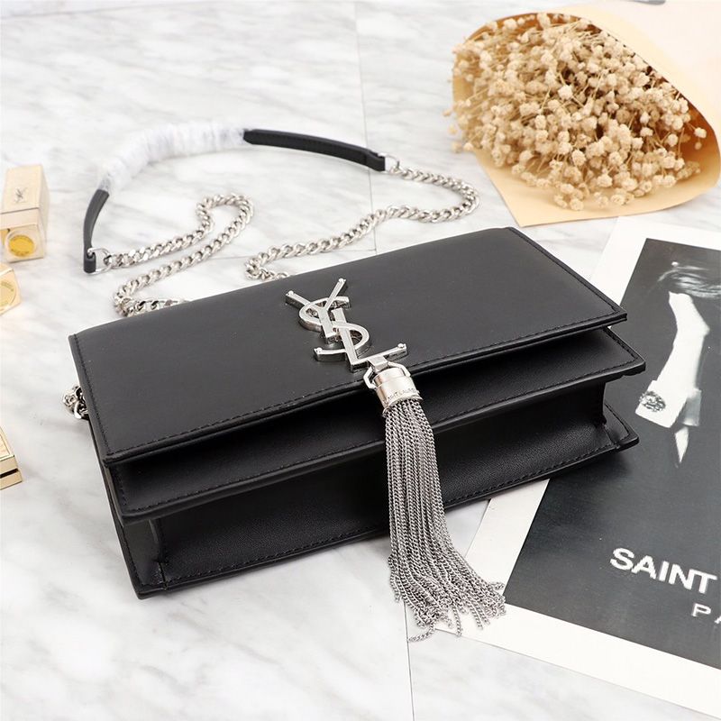 Saint Laurent Large Kate Chain Wallet with Tassel In Leather Black Silver