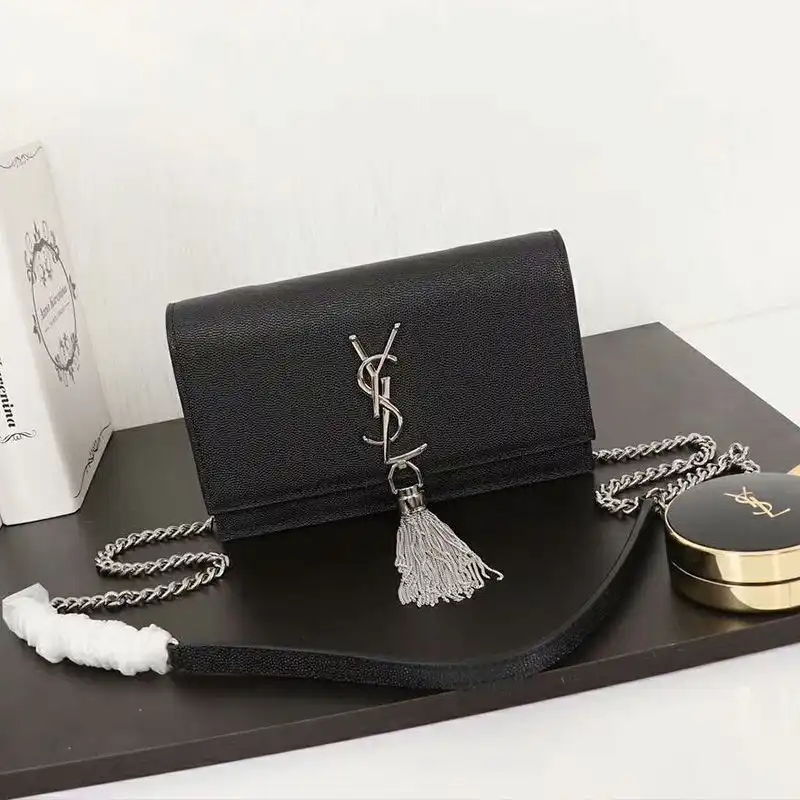 Saint Laurent Large Kate Chain Wallet with Tassel In Textured Leather Black Silver