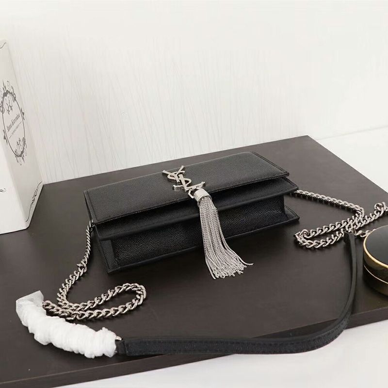 Saint Laurent Large Kate Chain Wallet with Tassel In Textured Leather Black Silver