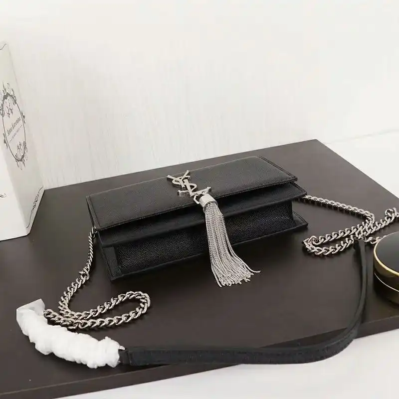 Cheap Saint Laurent Large Kate Chain Wallet with Tassel In Textured Leather Black Silver