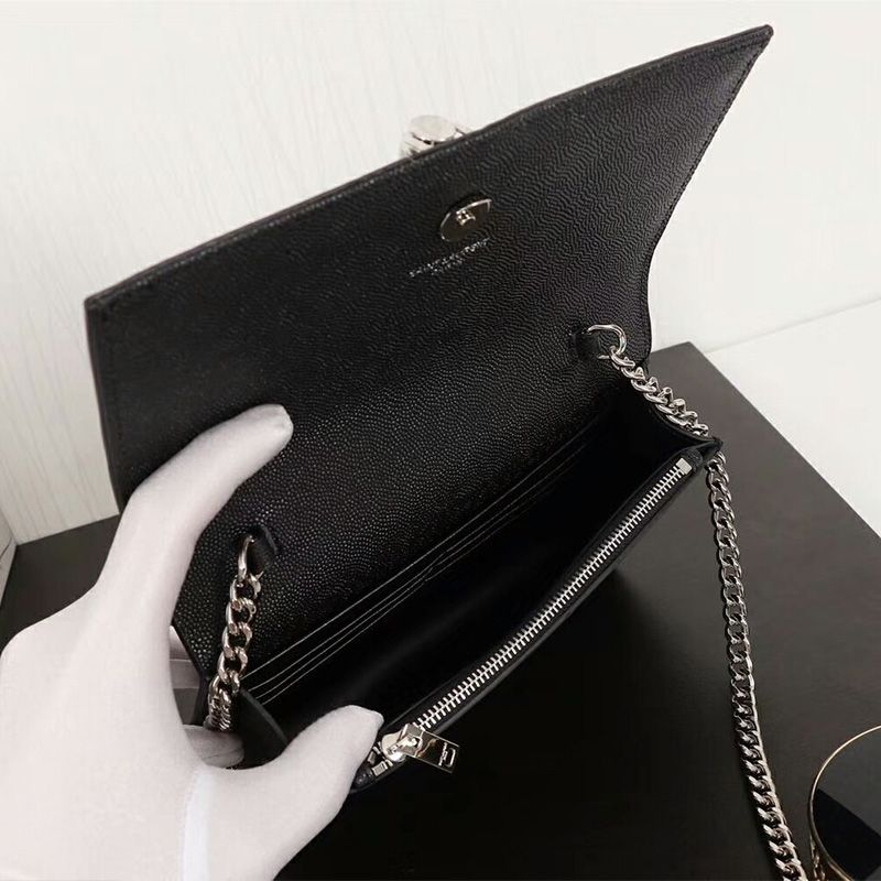 Saint Laurent Large Kate Chain Wallet with Tassel In Textured Leather Black Silver