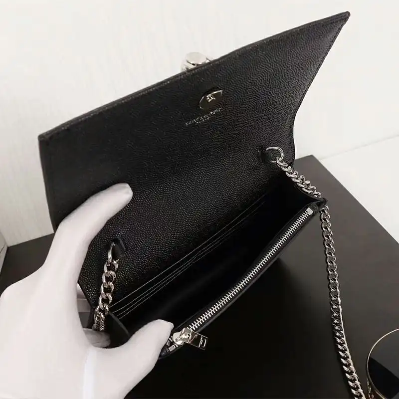 Cheap Saint Laurent Large Kate Chain Wallet with Tassel In Textured Leather Black Silver