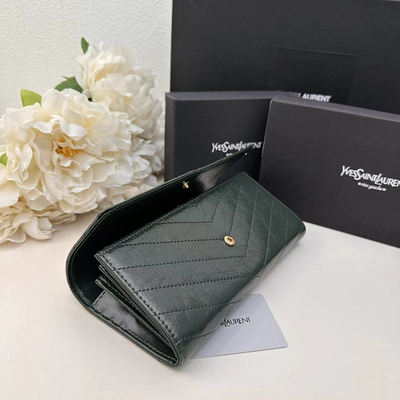 Saint Laurent Large Cassandra Bifold Wallet In Crinkled Matelasse Leather Green