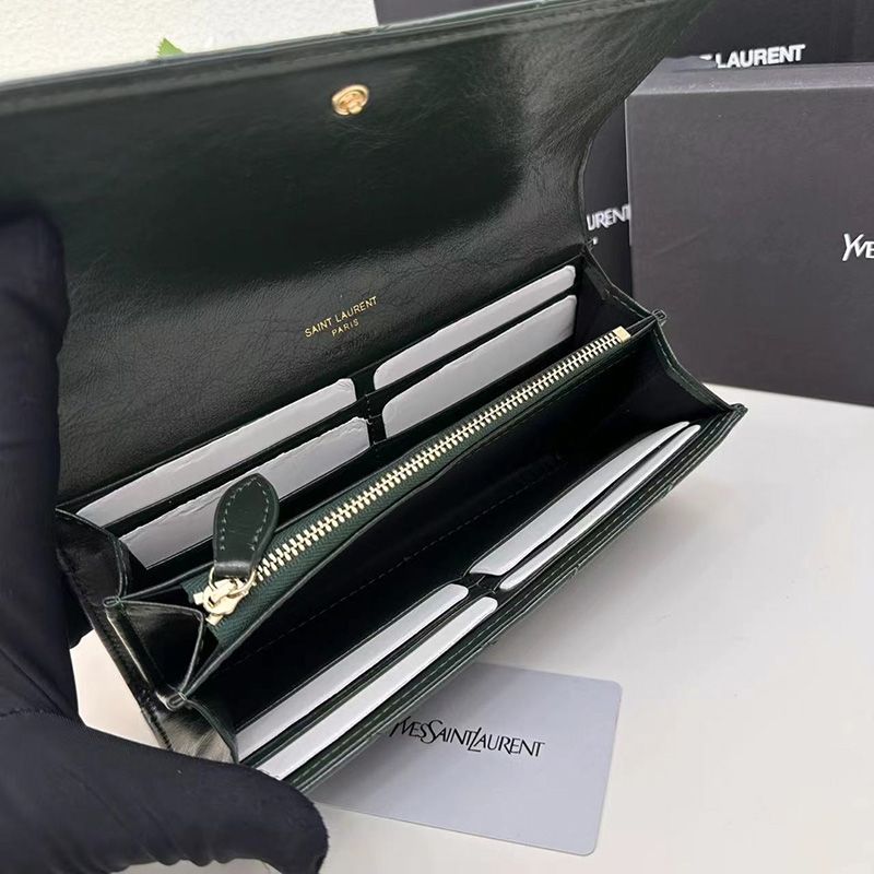 Saint Laurent Large Cassandra Bifold Wallet In Crinkled Matelasse Leather Green