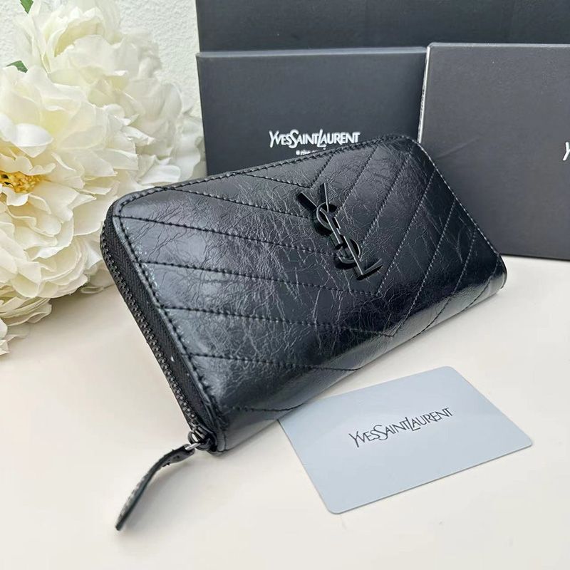 Saint Laurent Large Cassandra Zip Around Wallet In Crinkled Matelasse Leather Black