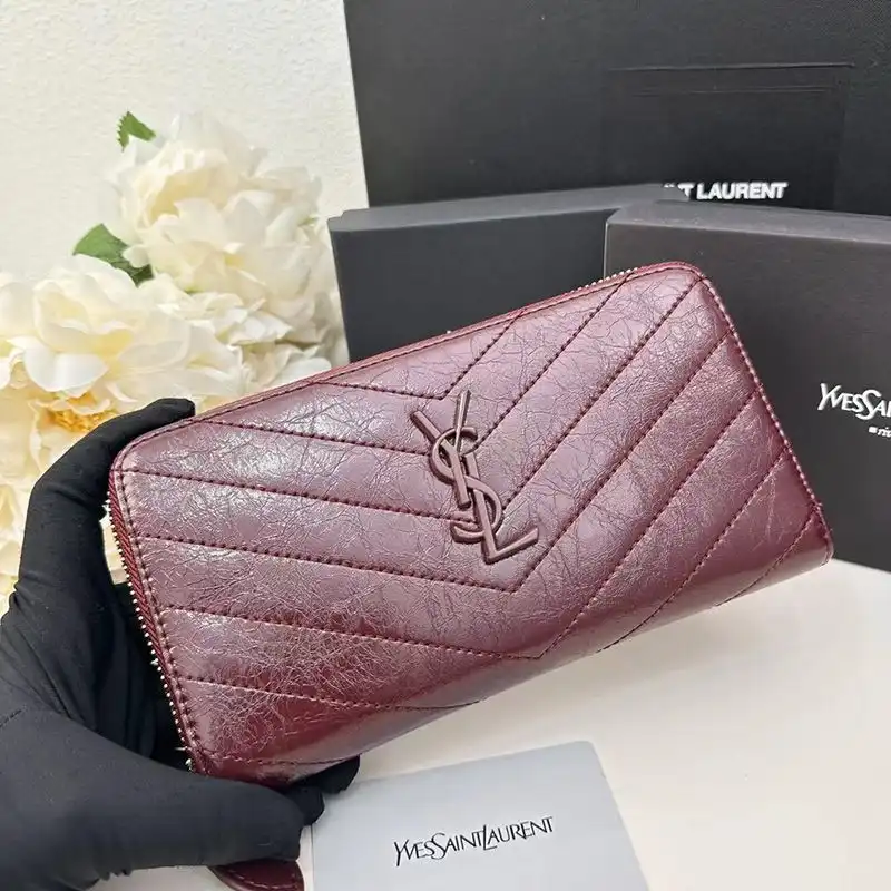 Saint Laurent Large Cassandra Zip Around Wallet In Crinkled Matelasse Leather Burgundy