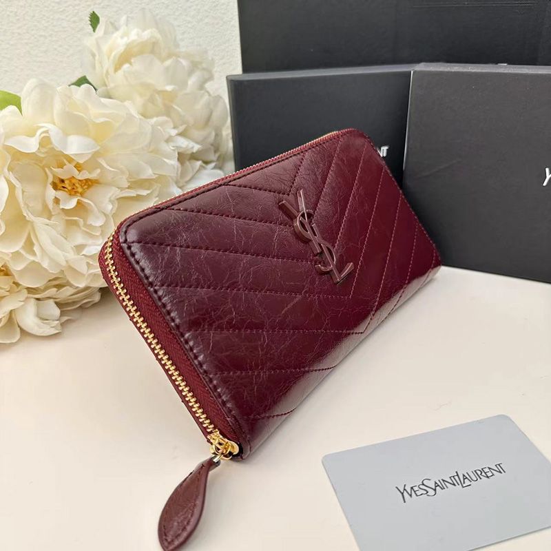 Saint Laurent Large Cassandra Zip Around Wallet In Crinkled Matelasse Leather Burgundy