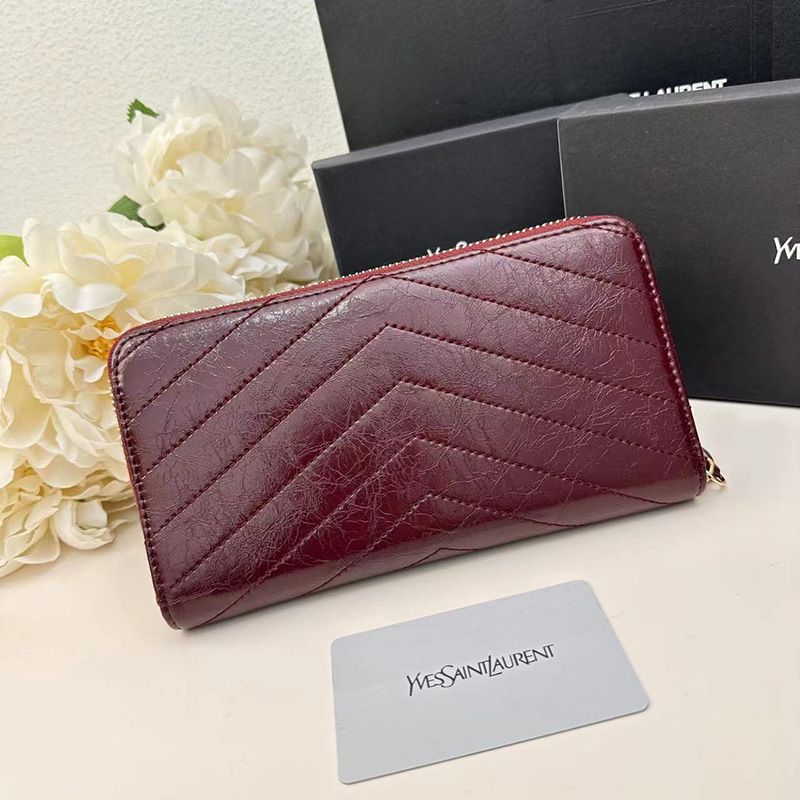 Saint Laurent Large Cassandra Zip Around Wallet In Crinkled Matelasse Leather Burgundy