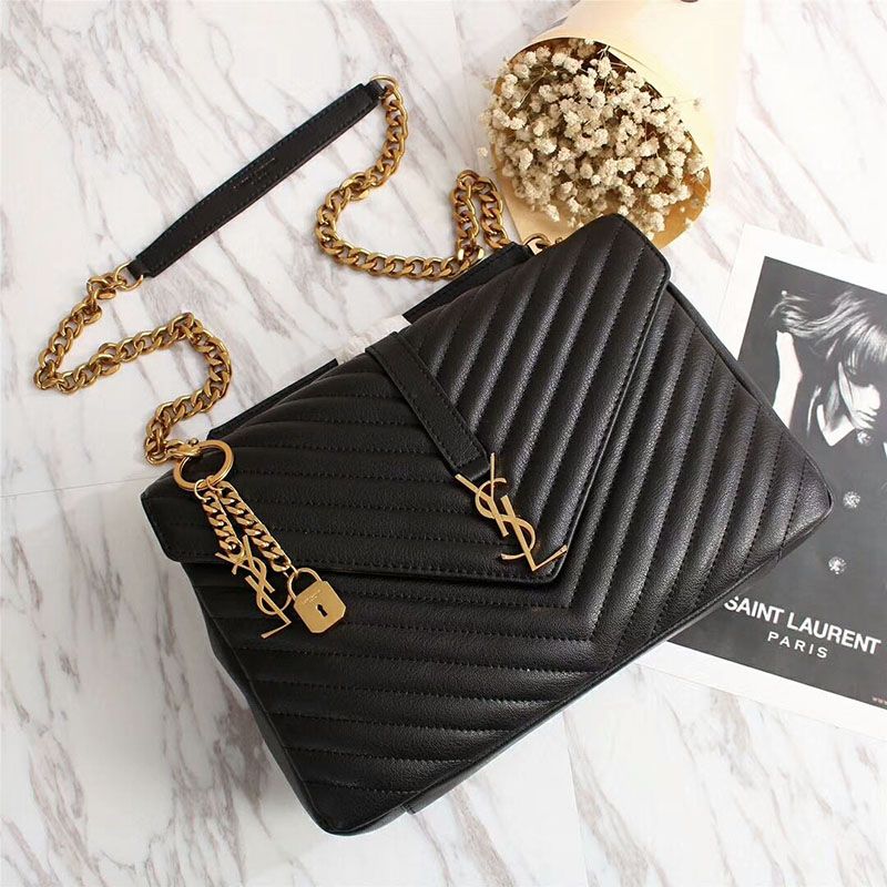 Saint Laurent Large Classic College Chain Bag In Matelasse Leather Black Gold