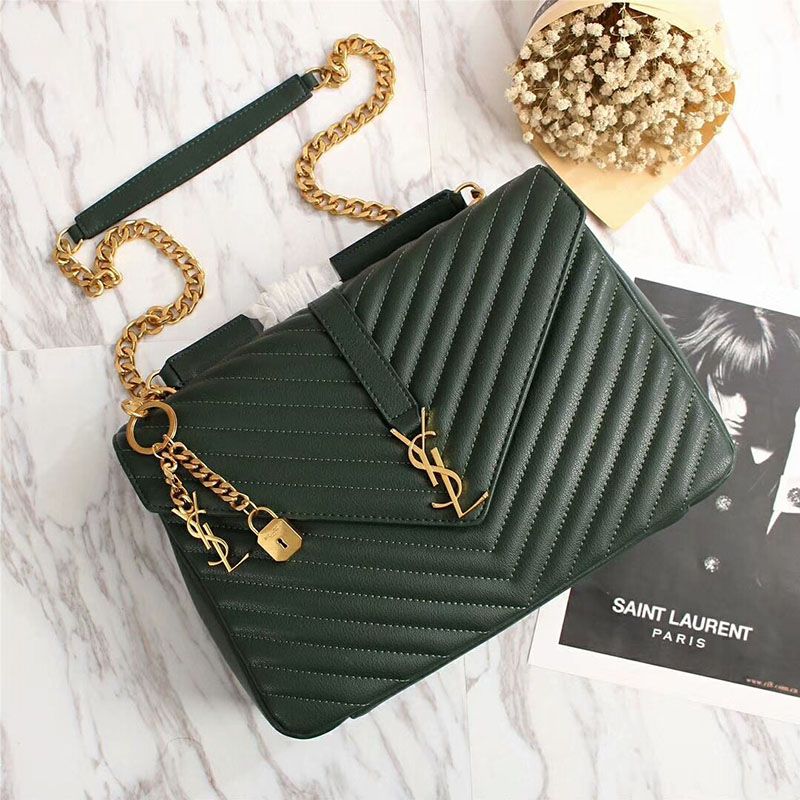 Saint Laurent Large Classic College Chain Bag In Matelasse Leather Green Gold