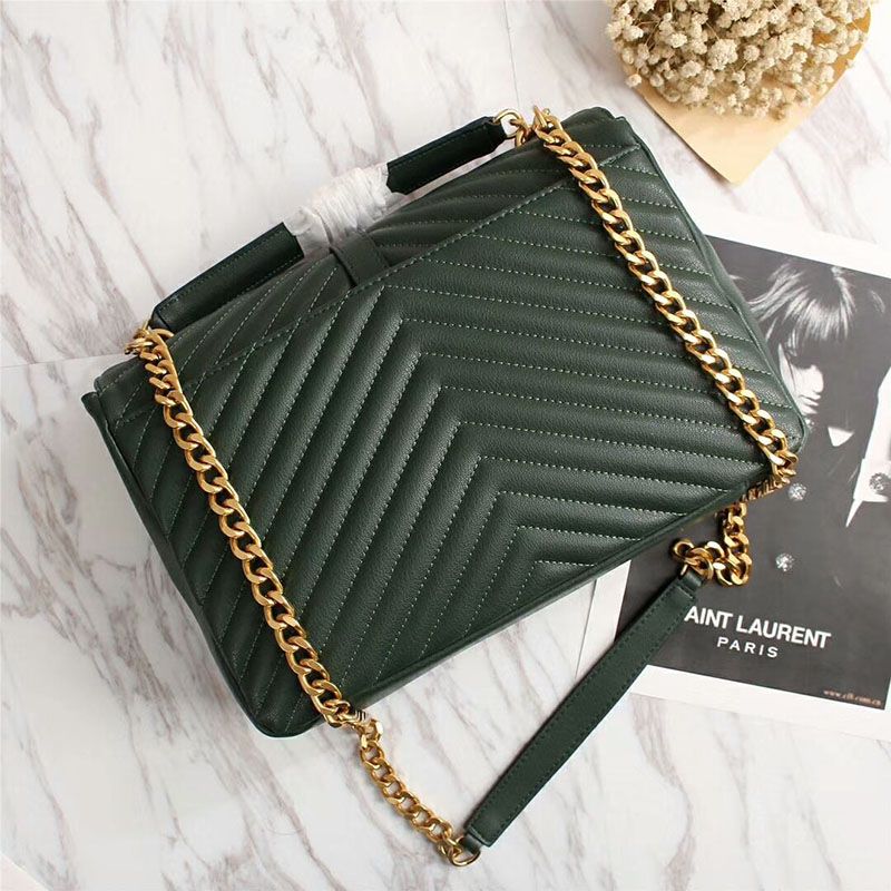 Saint Laurent Large Classic College Chain Bag In Matelasse Leather Green Gold