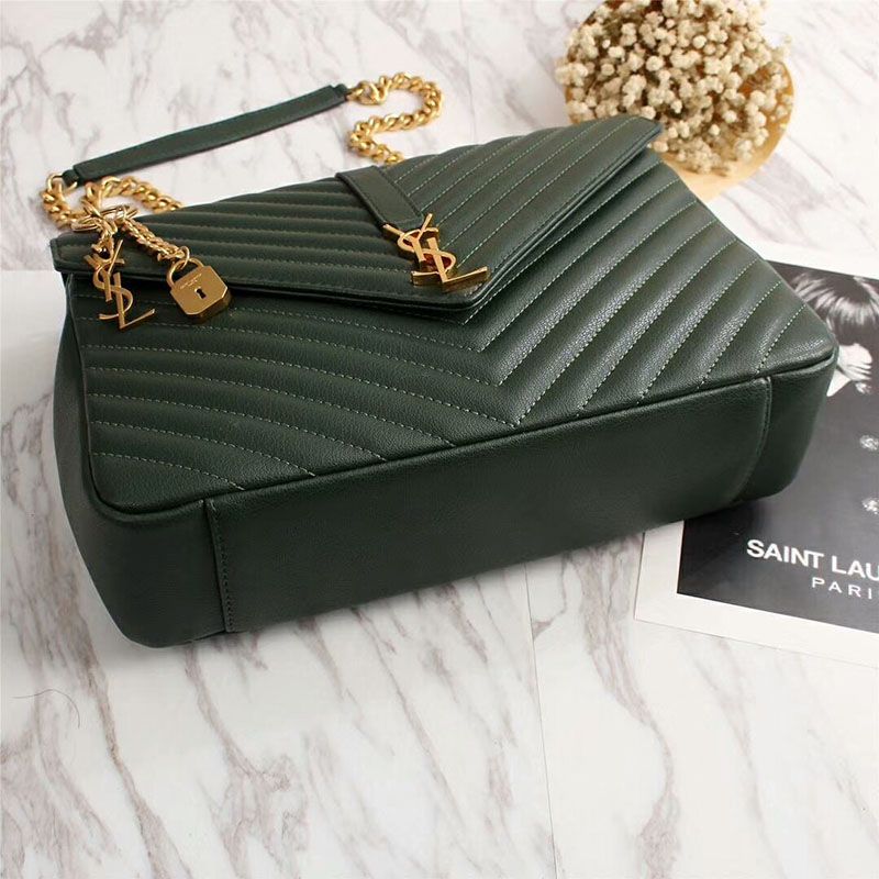 Saint Laurent Large Classic College Chain Bag In Matelasse Leather Green Gold