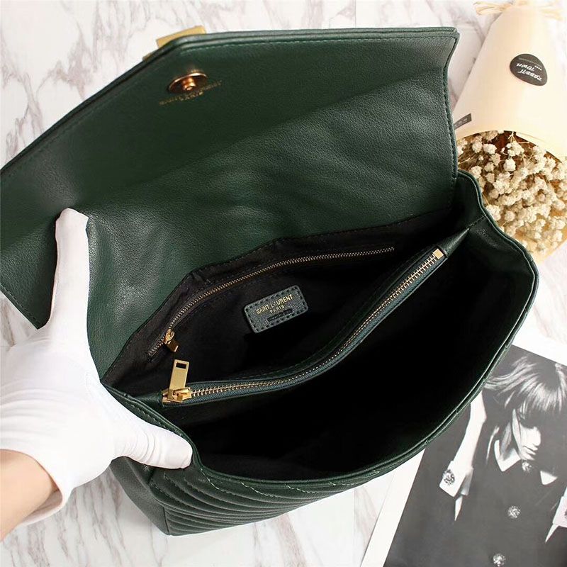 Saint Laurent Large Classic College Chain Bag In Matelasse Leather Green Gold