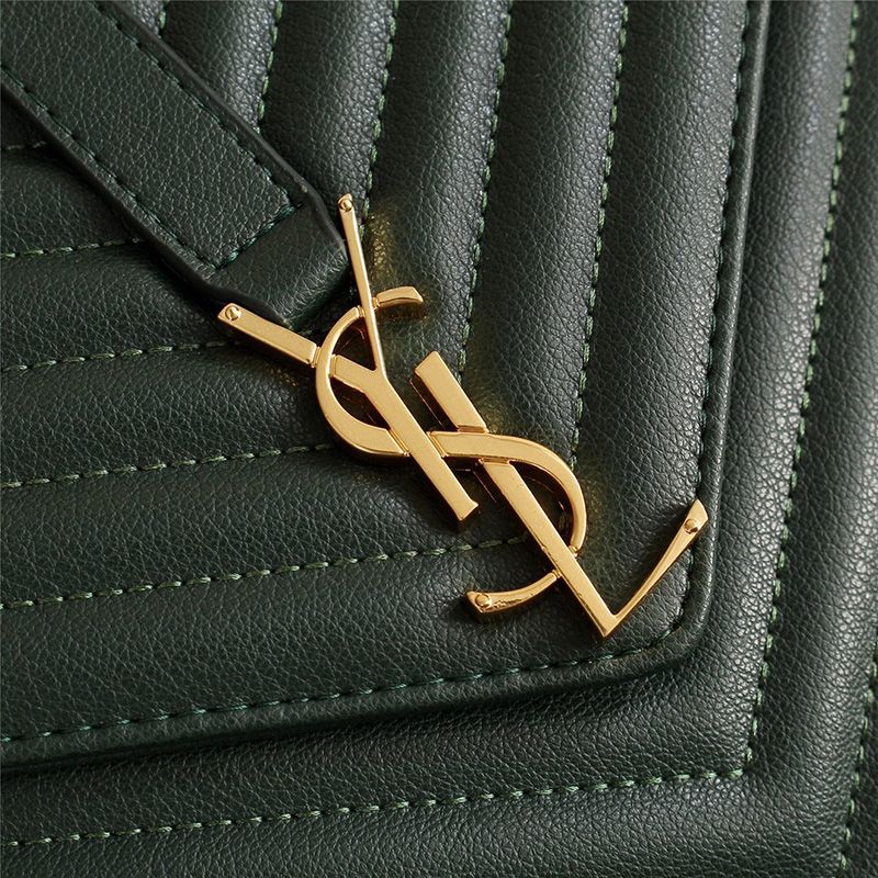 Saint Laurent Large Classic College Chain Bag In Matelasse Leather Green Gold