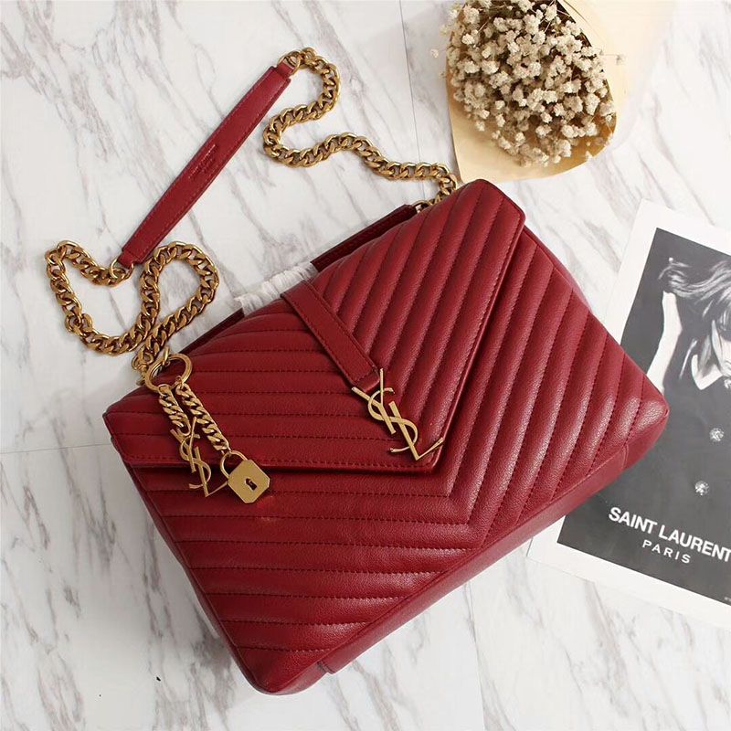 Saint Laurent Large Classic College Chain Bag In Matelasse Leather Red Gold