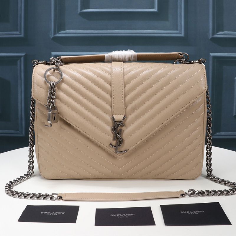 Saint Laurent Large Classic College Chain Bag In Matelasse Leather Apricot Silver