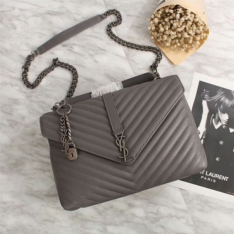 Saint Laurent Large Classic College Chain Bag In Matelasse Leather Grey Silver