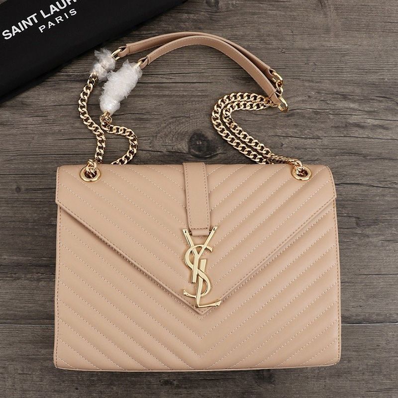 Saint Laurent Large Envelope Chain Bag In Matelasse Leather Apricot Gold