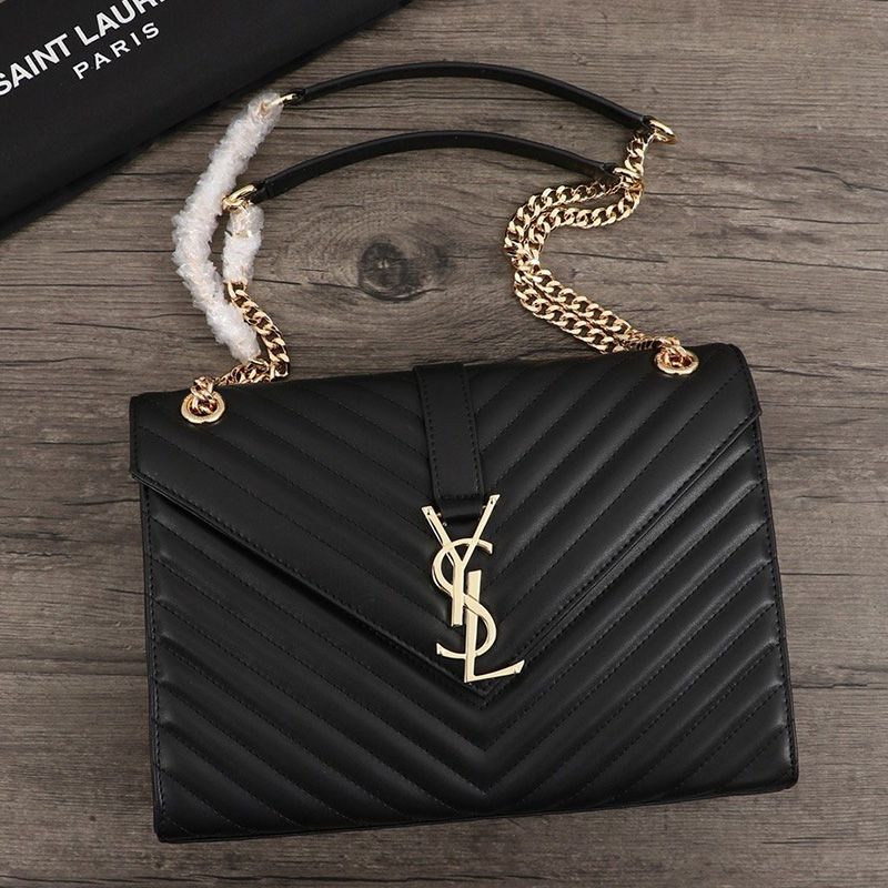 Saint Laurent Large Envelope Chain Bag In Matelasse Leather Black Gold