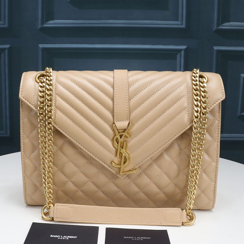 Saint Laurent Large Envelope Chain Bag In Mixed Grained Matelasse Leather Apricot Gold