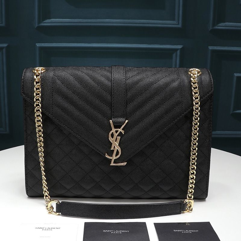 Saint Laurent Large Envelope Chain Bag In Mixed Grained Matelasse Leather Black Gold